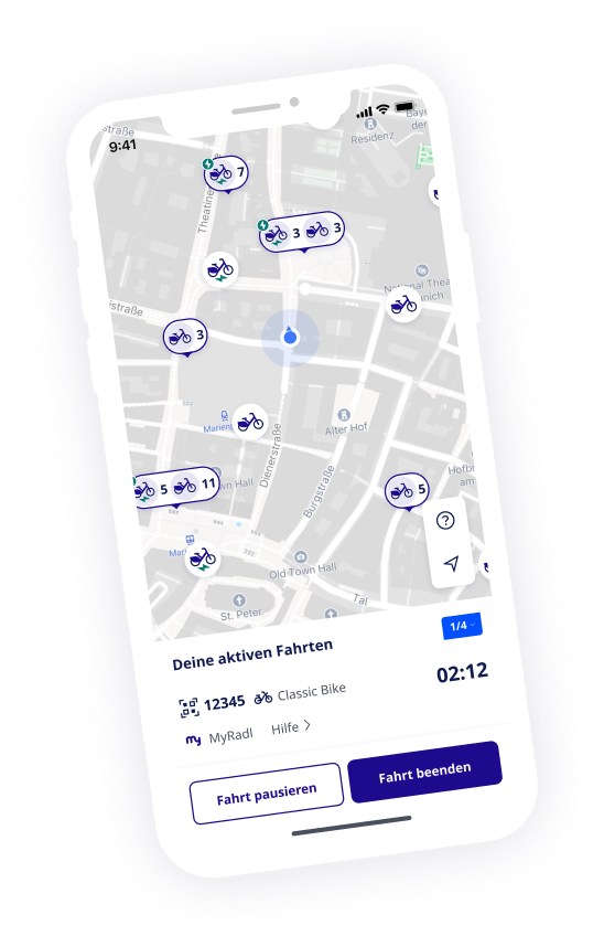 nextbike App Screenshot zeigt die Standortkarte von MyRadl
