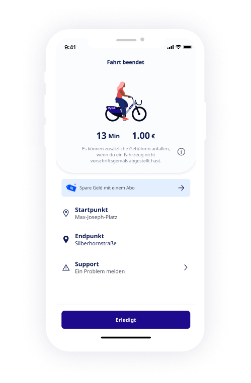 nextbike-App-Screenshot zeigt Informationen zu einer laufenden Ausleihe eines MyRadl.