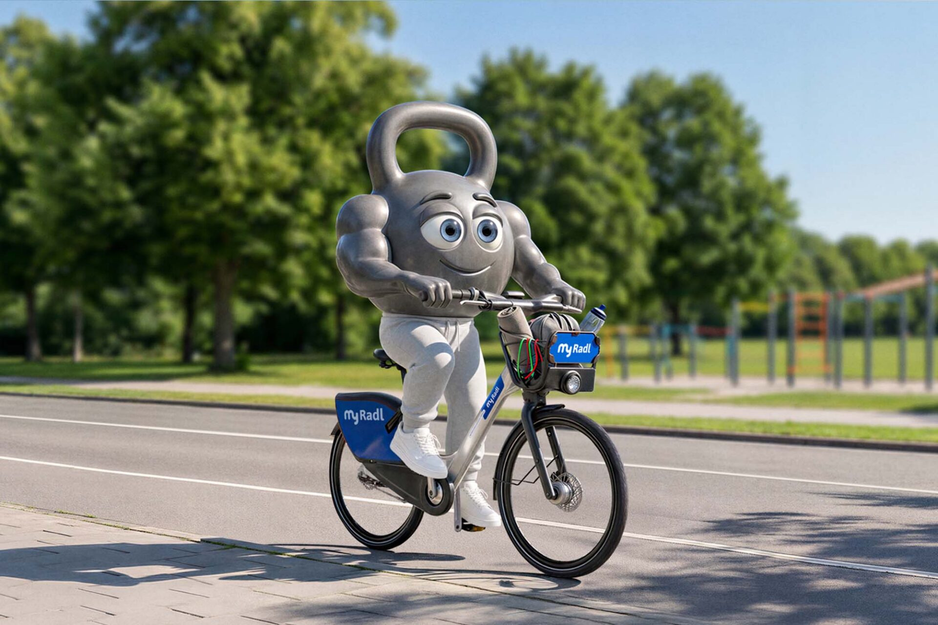 MyRadl Bikesharing München Kampagnenmotiv zeigt eine personifizierte Hantel auf einem MyRadl auf dem Weg zum Gym.