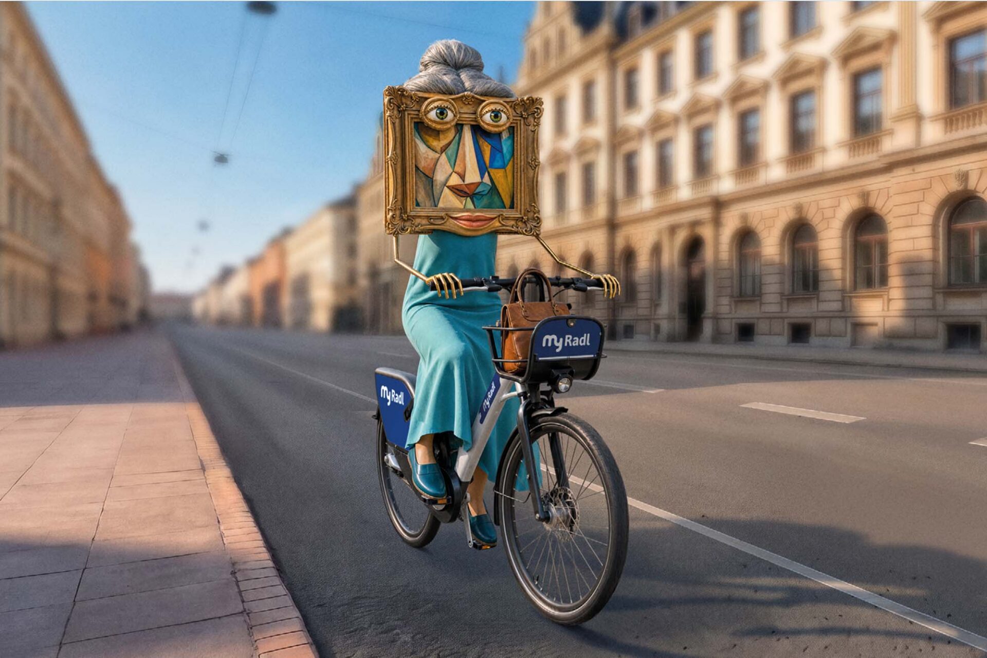 MyRadl Bikesharing München Kampagnenmotiv zeigt eine personifiziertes Bild im Rahmen auf einem MyRadl, welches für eine Tour durch die Kultur Münchens steht.