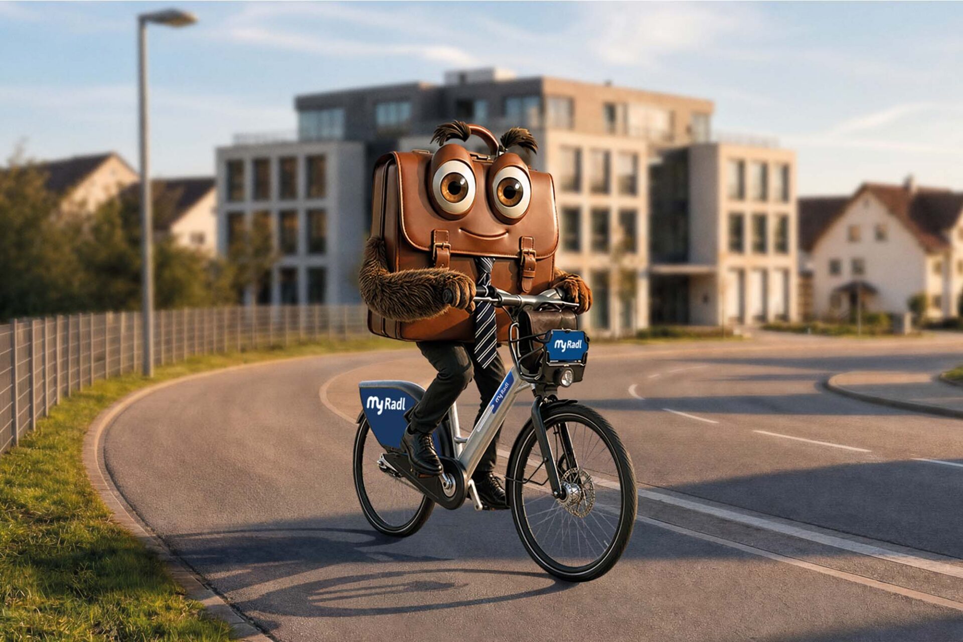 MyRadl Bikesharing München Kampagnenmotiv zeigt eine personifizierte Aktentasche auf einem MyRadl auf dem Weg ins Büro